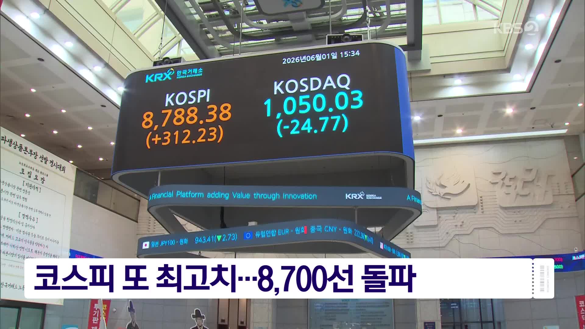 News screen showing KOSPI reaching a new high