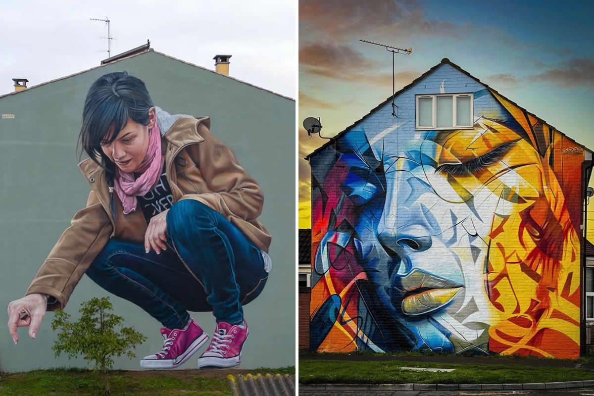 Featured public-art murals in a neighborhood setting