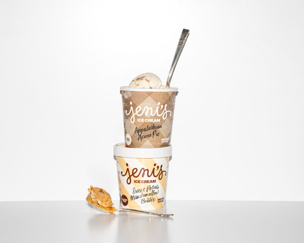 Jeni's new Appalachian Acorn Pie ice cream with sweet potato and marshmallow brulee