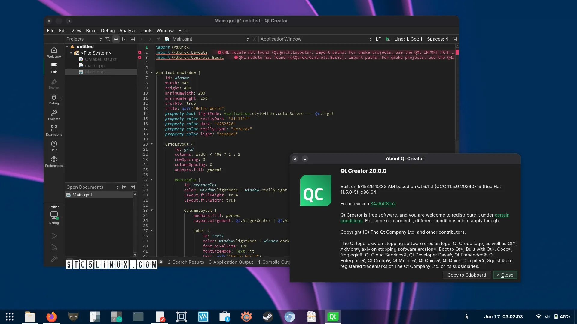 Qt Creator 20 interface showing AI coding agent panel and new Zen mode