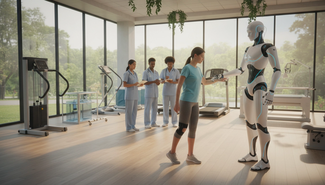 Athlete receiving robotic physical therapy assistance in rehabilitation setting