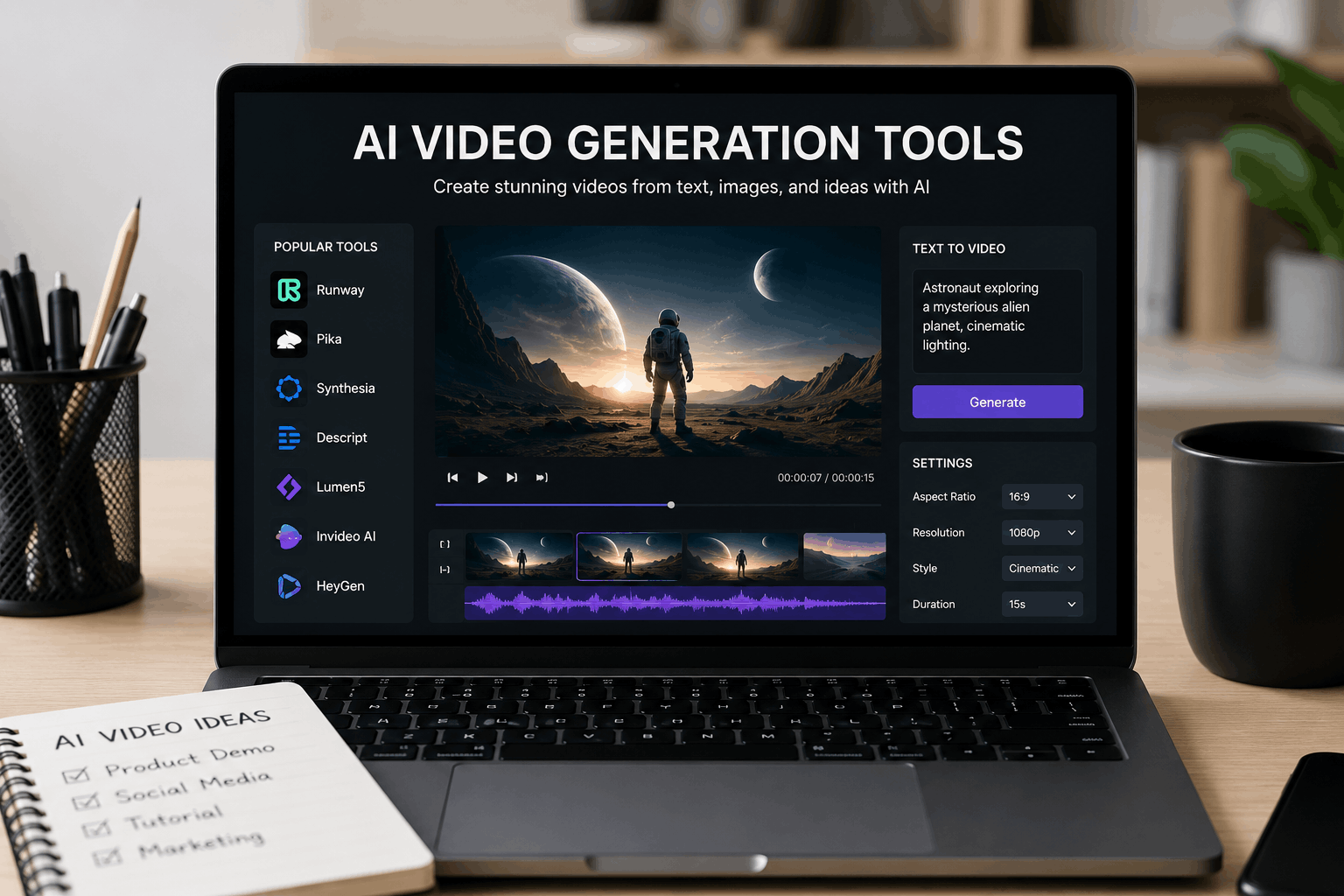 Comparison chart ranking six AI video generators by speed, quality, and cost metrics