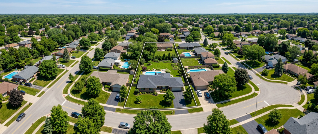 Real estate drone photography showing aerial property view