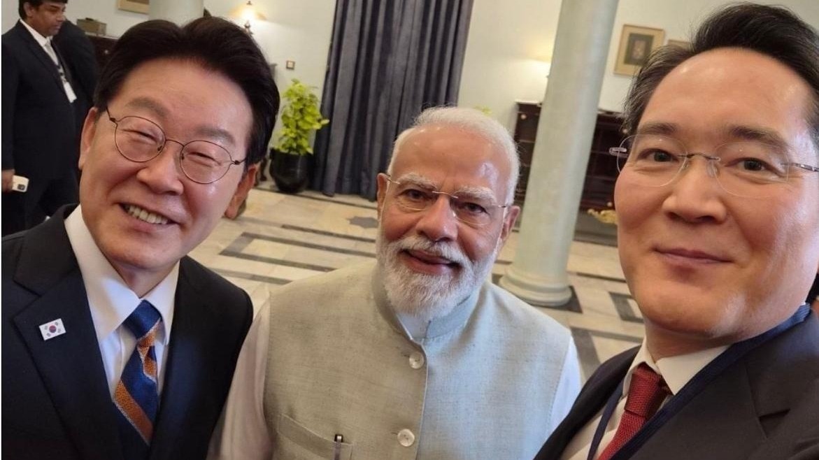 Photo of India-Korea Digital Bridge launch with Chairman Lee Jae-yong, President Lee Jae-myung, and PM Modi