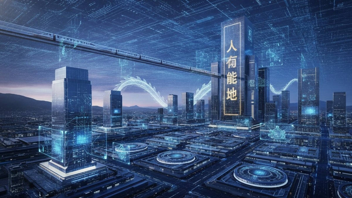 A digital illustration showing AI chips and export control symbols