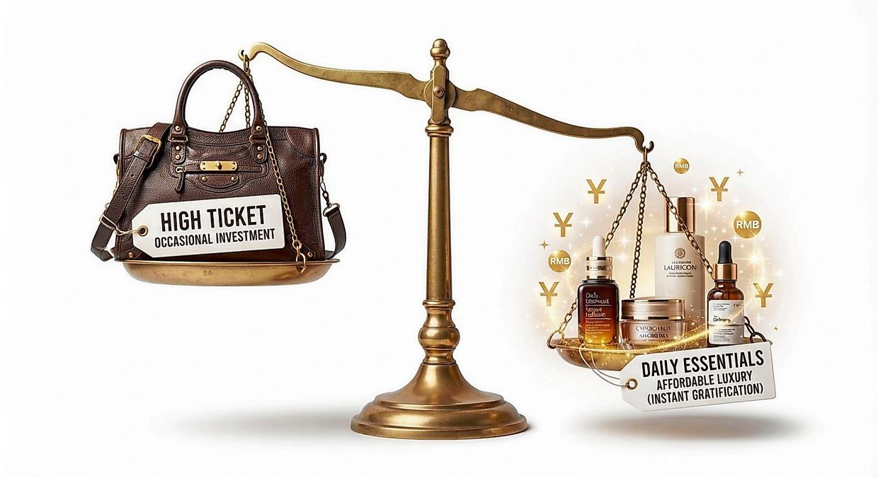 Luxury beauty and skincare imagery illustrating category substitution in China