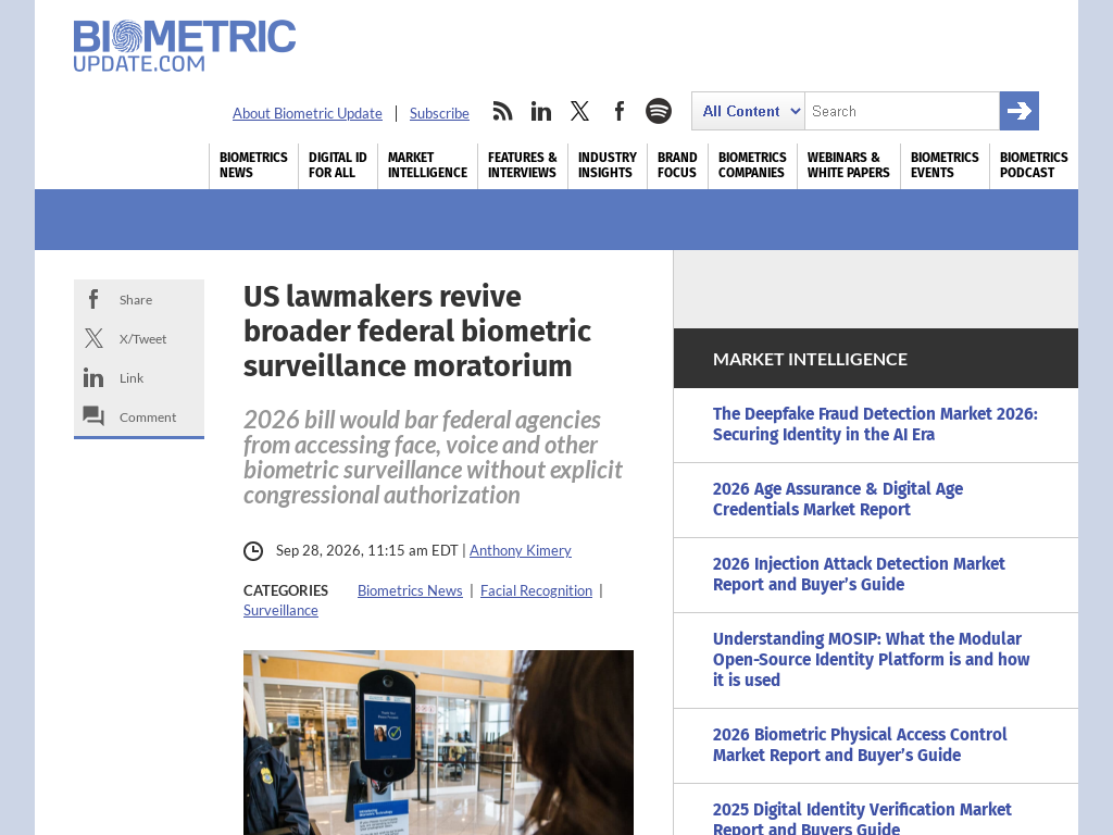 Screenshot of news article about US lawmakers reviving biometric surveillance moratorium