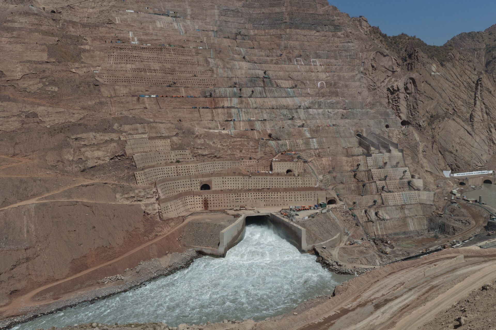 Construction progress at the Rogun Hydropower Plant dam site in Tajikistan