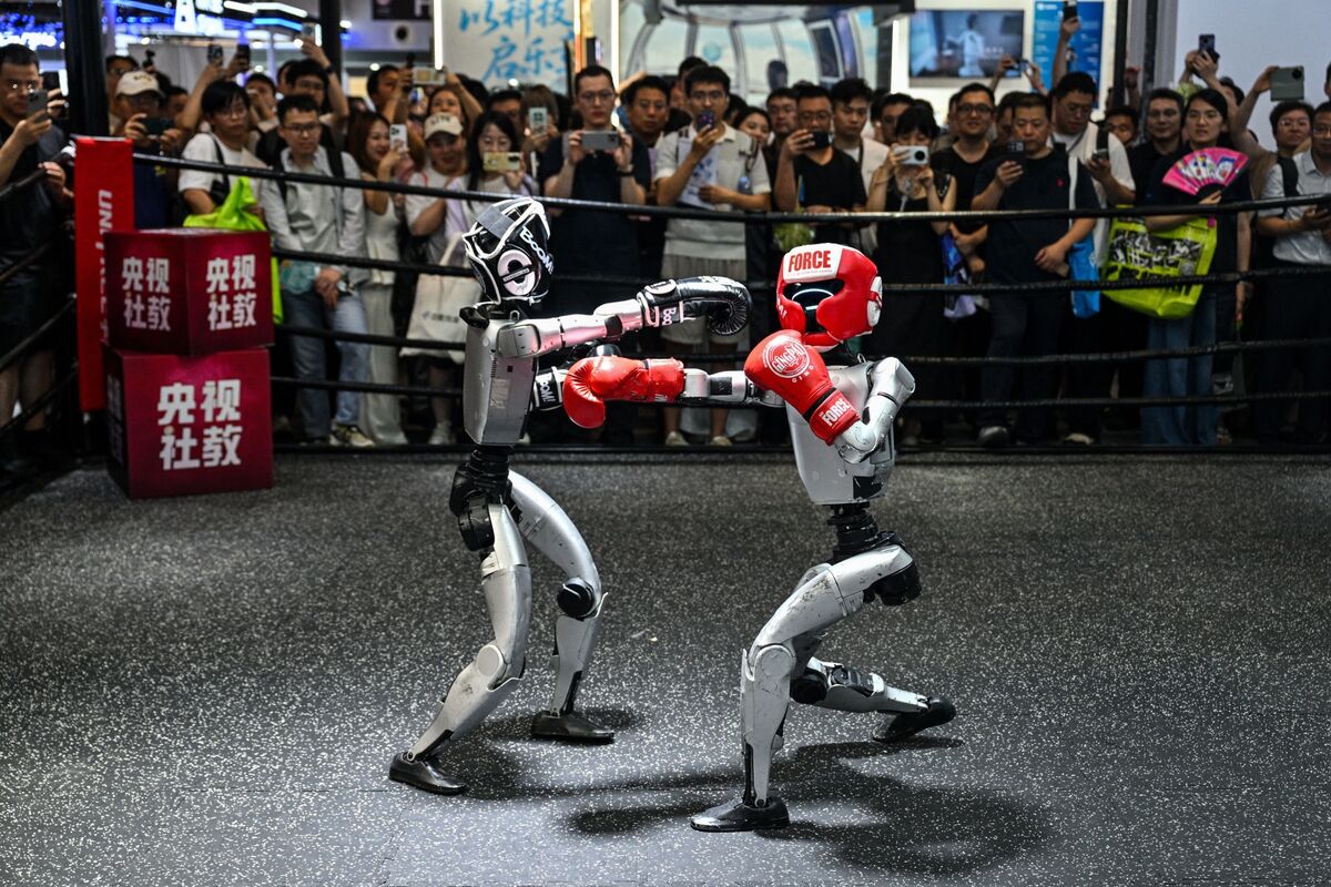 Humanoid robot on display, illustrating the hardware components in question