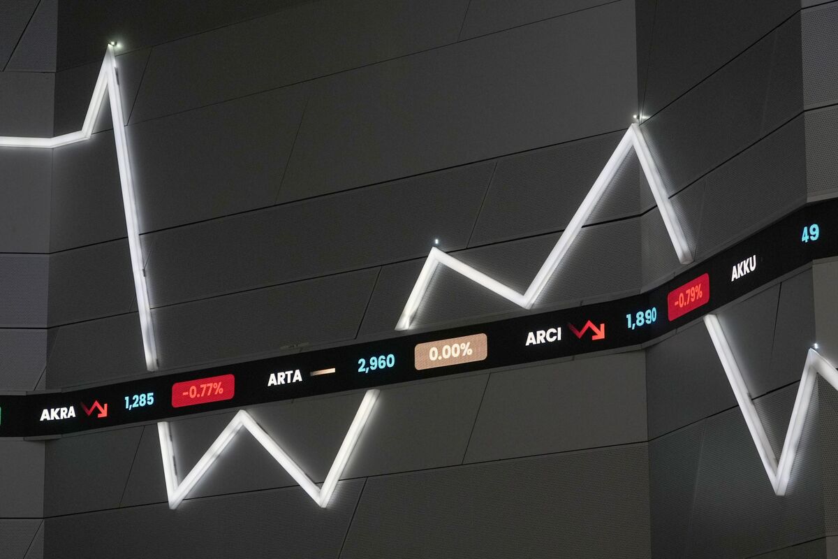 Emerging market traders monitor stock screens during global tech sell-off
