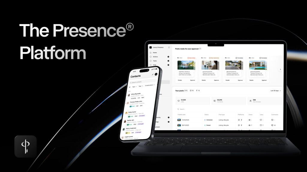 Screenshot of Luxury Presence's new unified Presence Platform combining AI, CRM, and social media tools for real estate agents