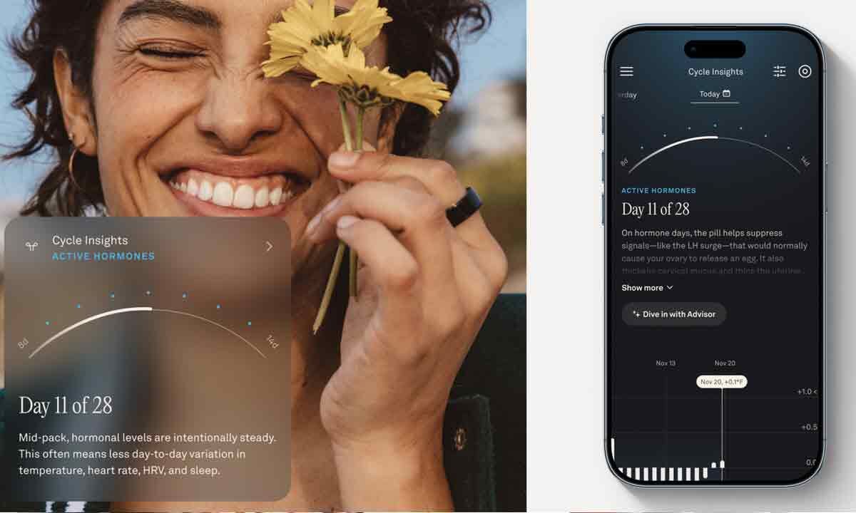 Oura smart ring with women's health update interface showing birth control and menopause tracking features