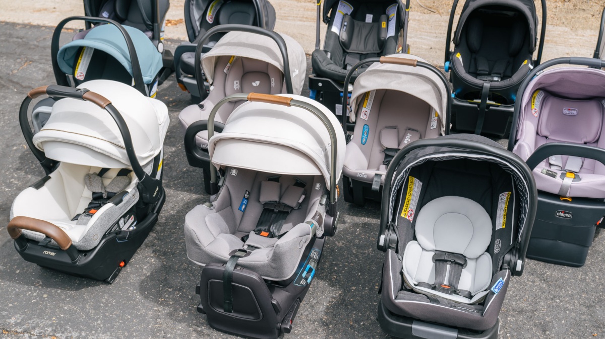 Infant car seat crash tested on a test bench