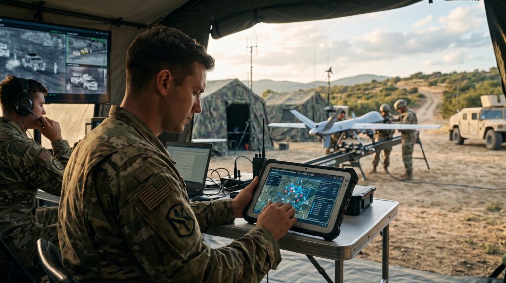 Soldiers operating a drone control station outdoors