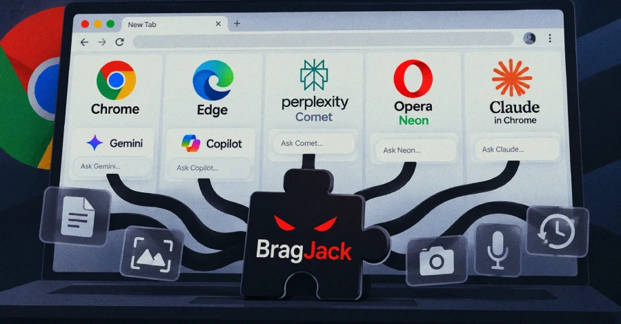 Diagram showing how a malicious extension hijacks AI agents in browsers like Chrome and Comet