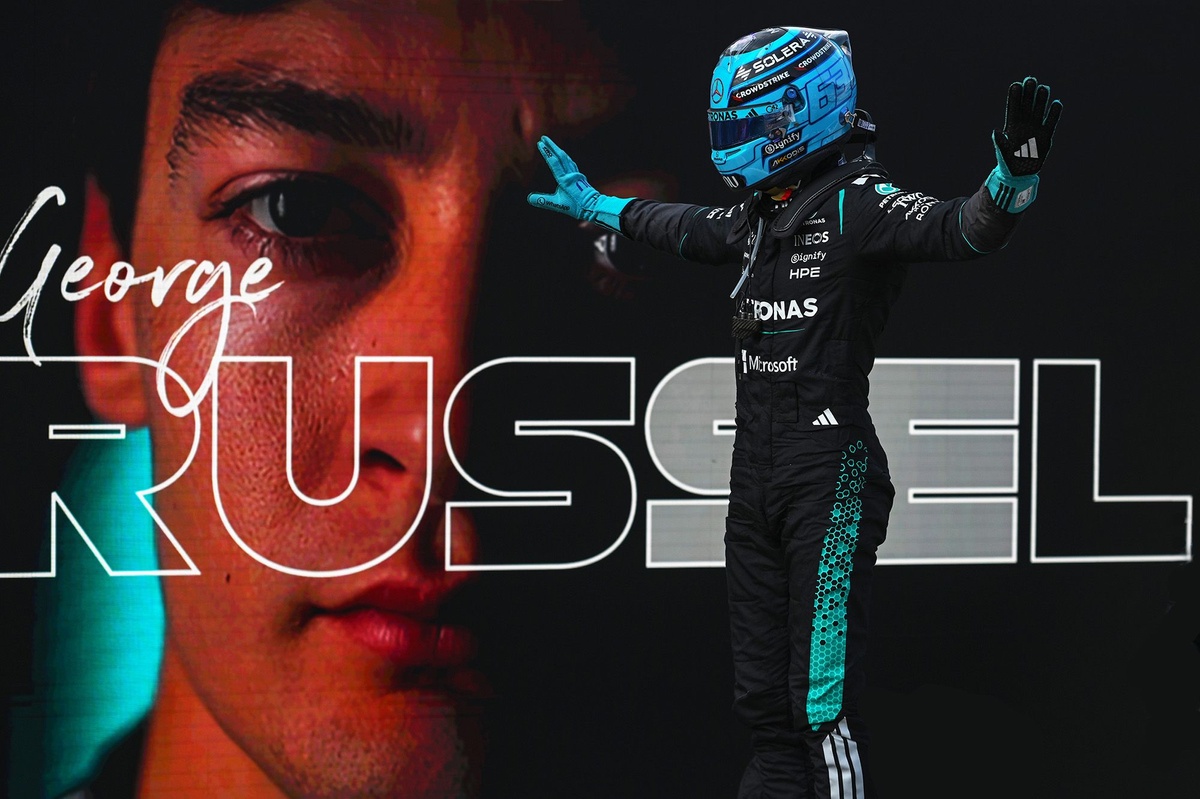 George Russell celebrates his Austrian GP victory