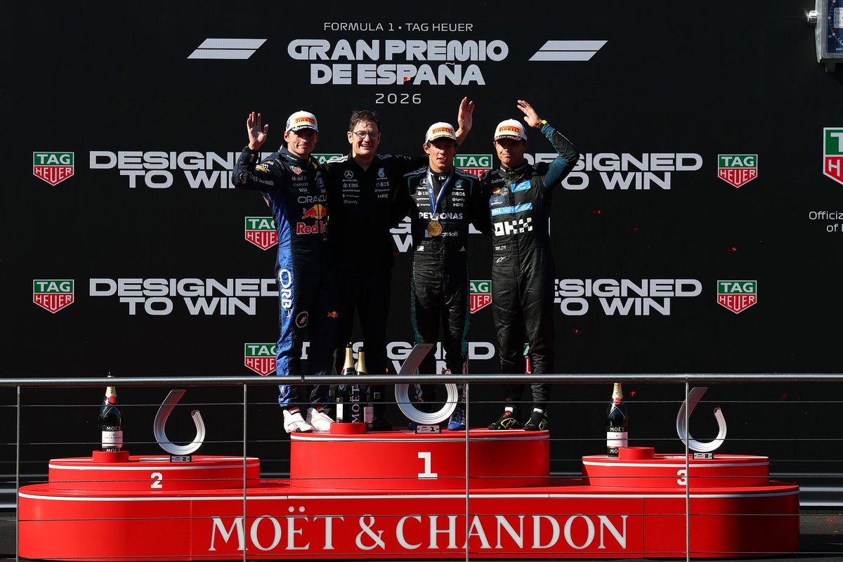 Kimi Antonelli celebrates victory at the Spanish Grand Prix
