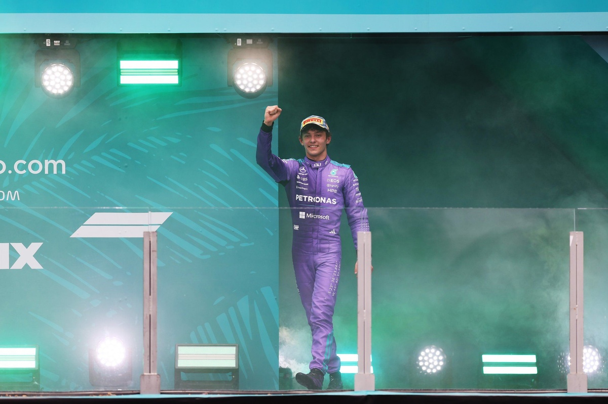 Kimi Antonelli celebrates his Miami Grand Prix victory for Mercedes