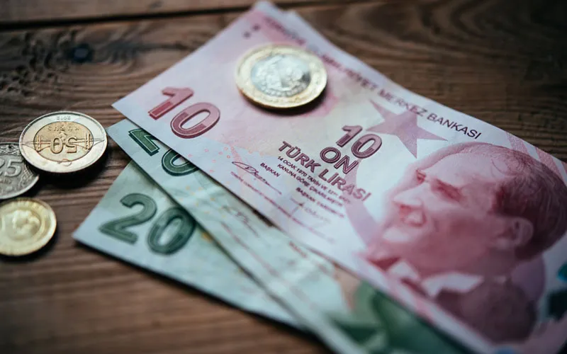 Turkish lira banknotes illustration showing currency decline