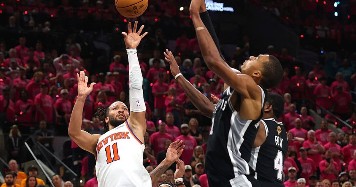 Jalen Brunson celebrating during the Knicks' Game 1 victory in the NBA Finals