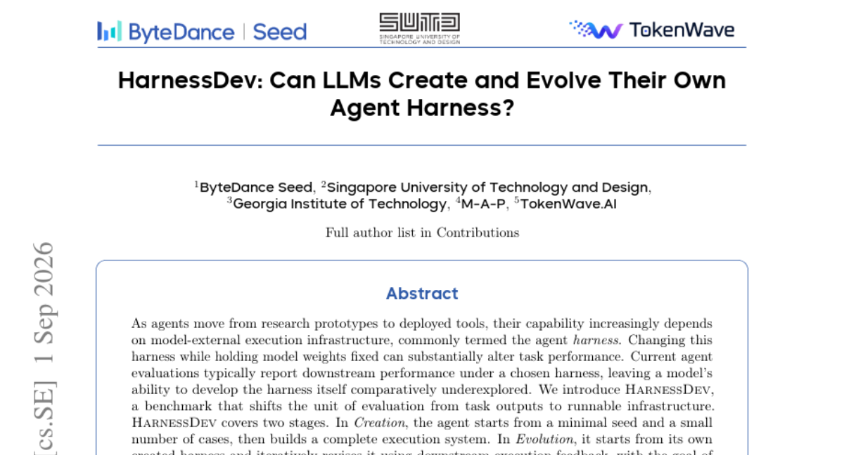 Screenshot of the Hugging Face Daily Papers page featuring "HarnessDev: Can LLMs Create and Evolve Their Own Agent Harness?"