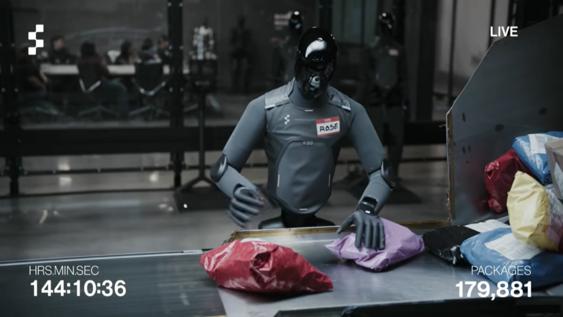 Figure AI humanoid robot sorting packages in a warehouse livestream