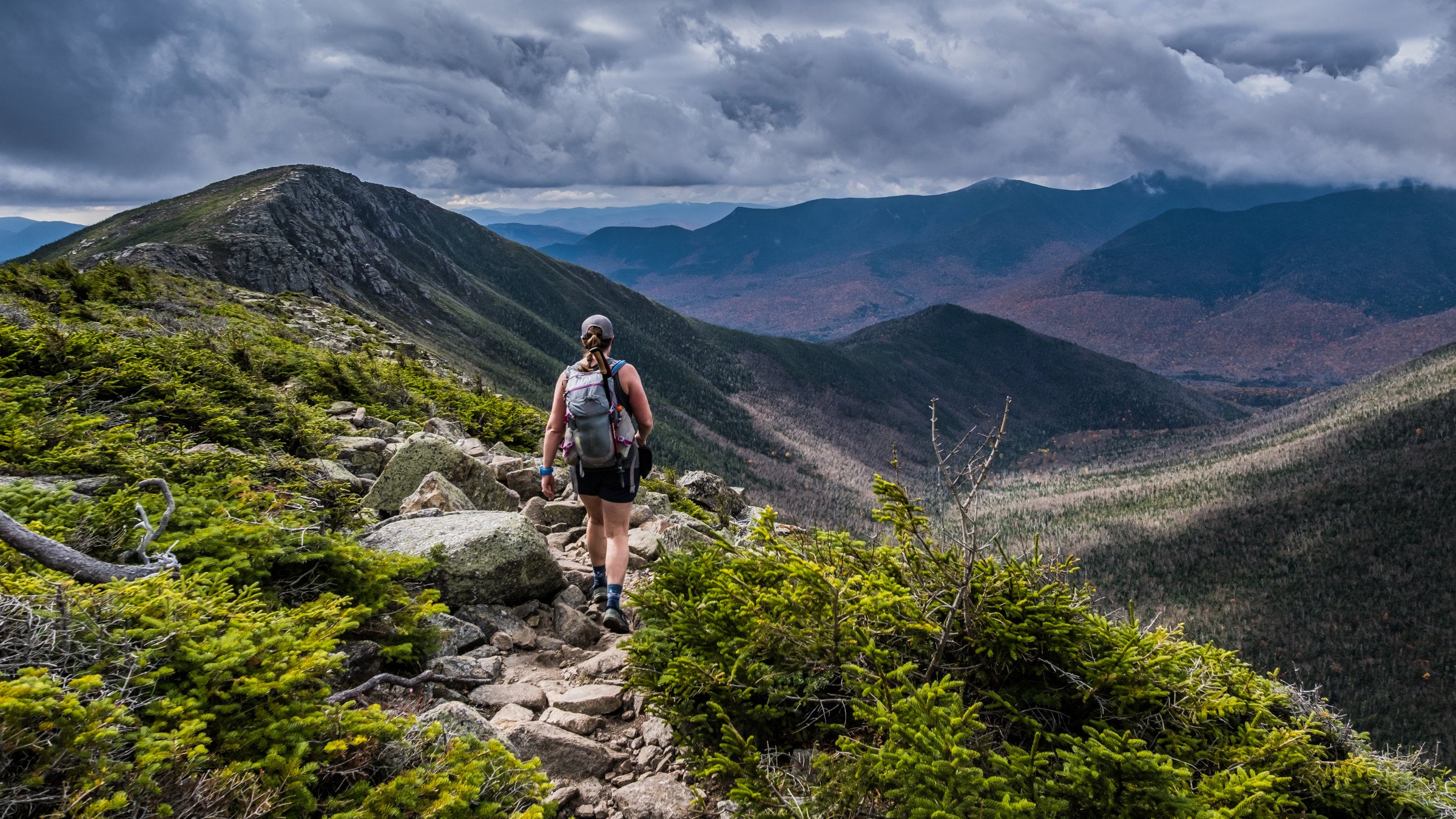 White Mountains hiking trail in New Hampshire during fall conditions