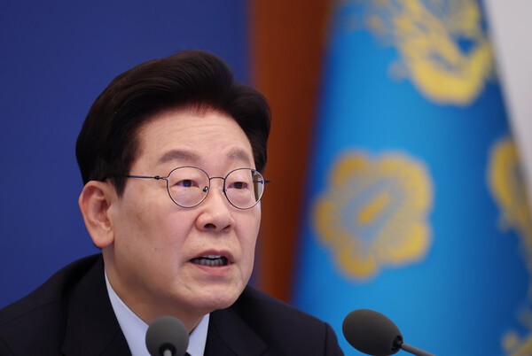 President Lee Jae-myung speaking at the Cheong Wa Dae conference room
