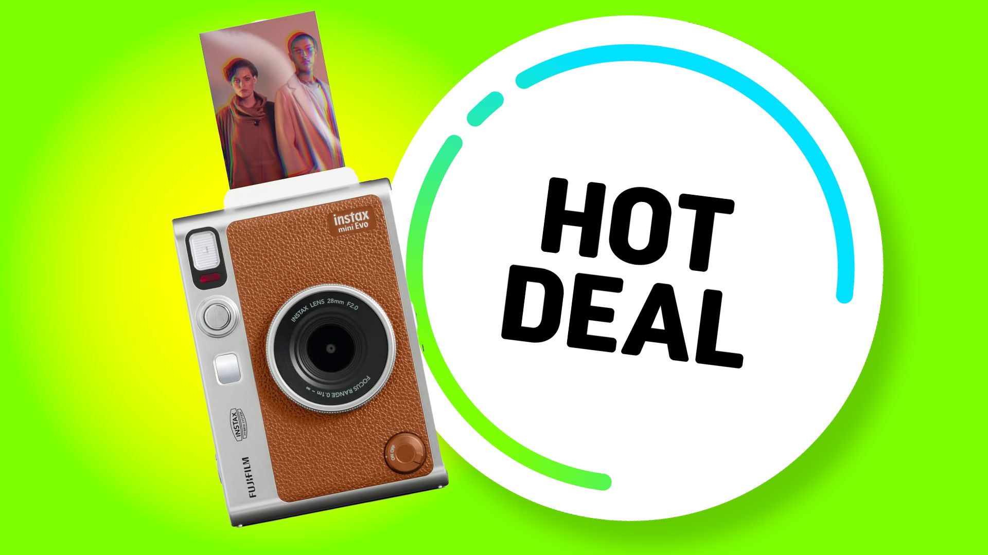 Fujifilm Instax Mini Evo camera in brown leather finish