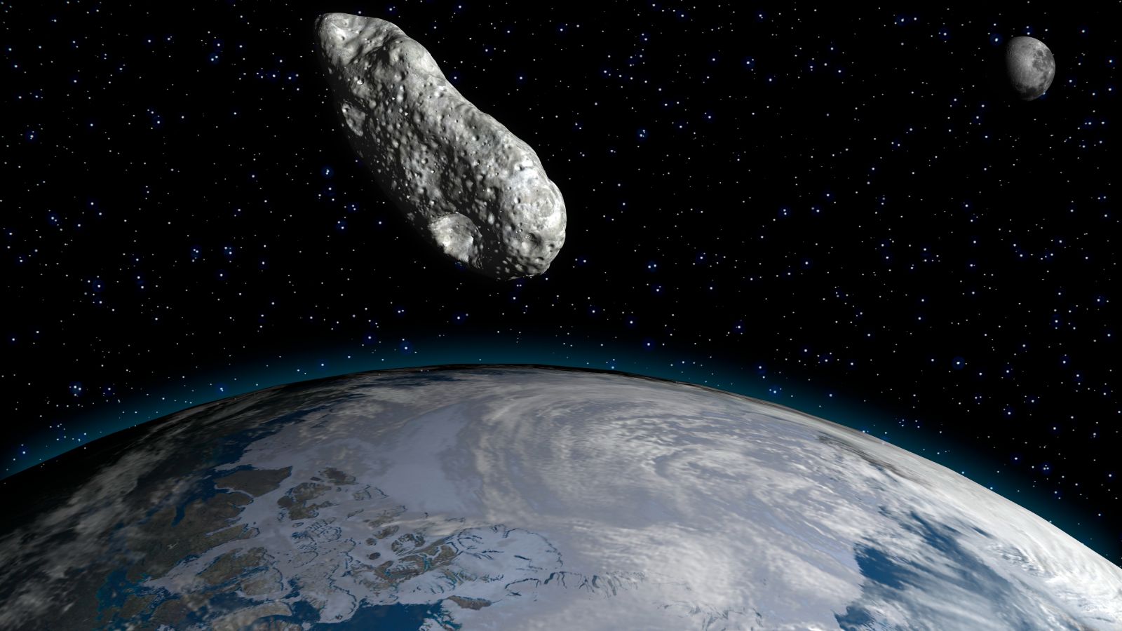 Near-Earth asteroid passing close to Earth, illustrated against a blue sky backdrop