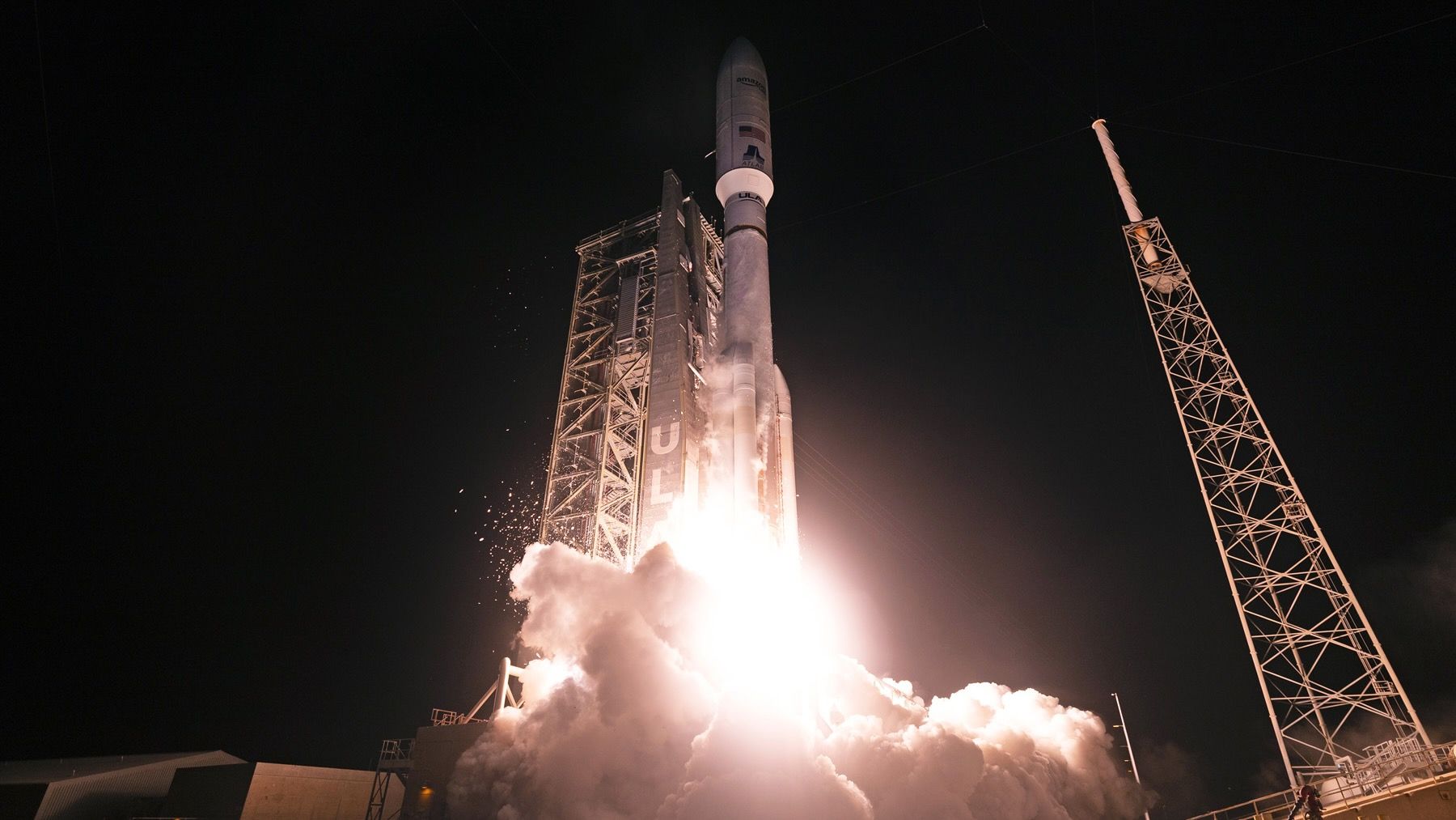 ULA Atlas V rocket moments after liftoff carrying Amazon's Leo broadband satellites.