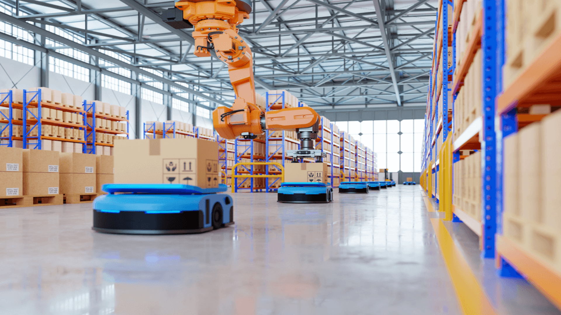 Smart warehouse robot systems illustrating human-optional logistics trend