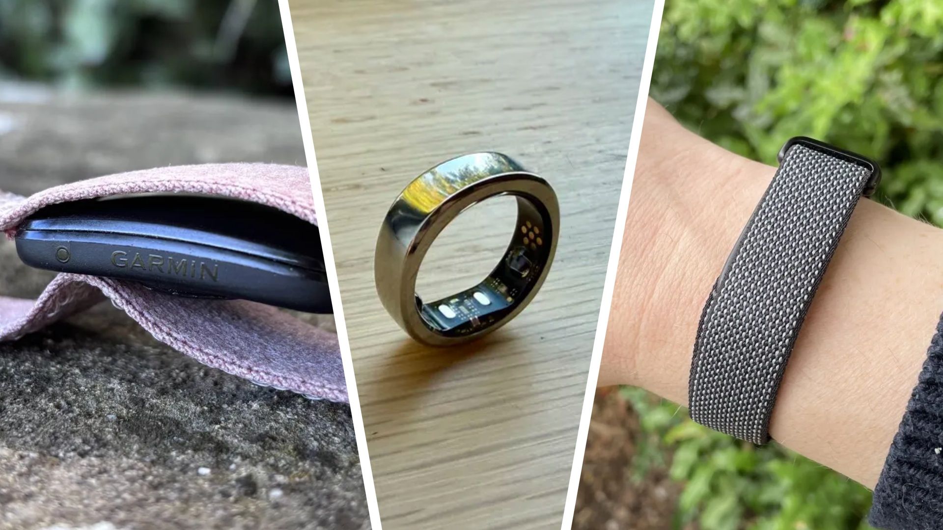 Collection of screenless fitness trackers including bands and rings