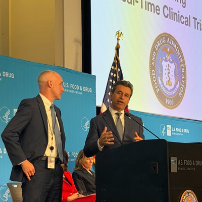 FDA building and regulatory signage representing the agency's new AI clinical trials pilot