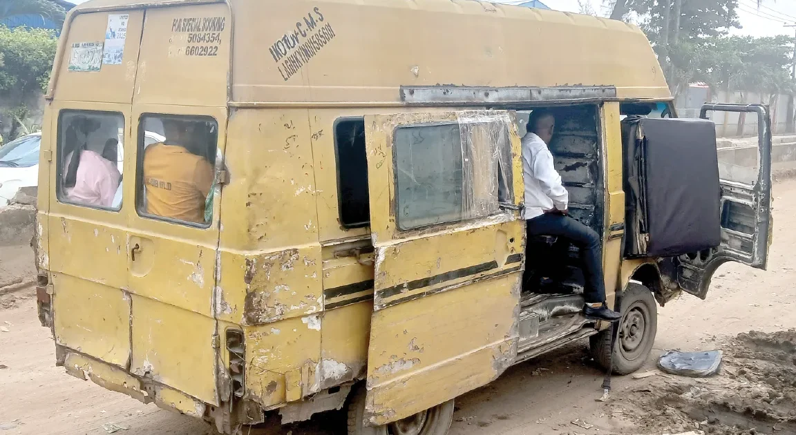 Damaged interior of a Lagos danfo bus