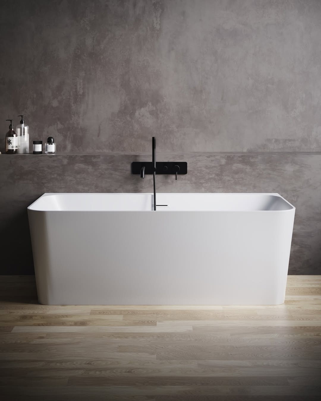 Minimalist bathroom with concrete freestanding tub and clean lines