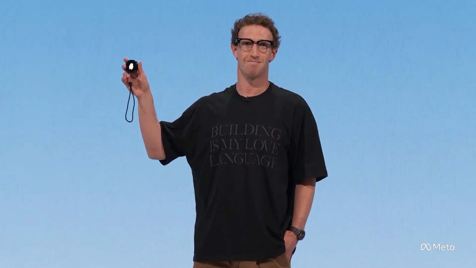 Mark Zuckerberg presenting the Meta Muse Charm AI companion device