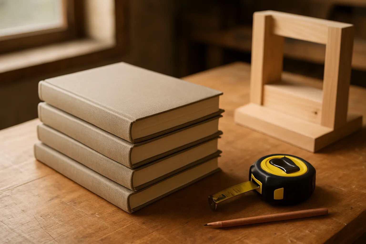Workbench with woodworking project materials and tools