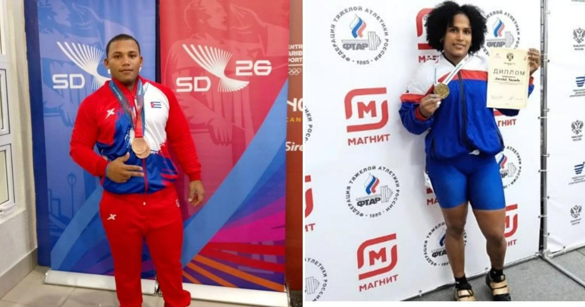 Two Cuban weightlifters leaving the delegation
