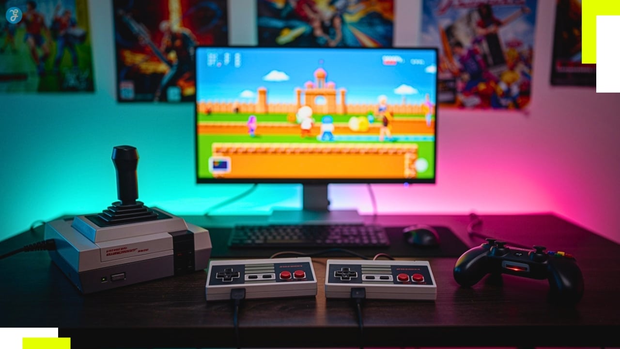 Retro gaming setup showing classic consoles and controllers