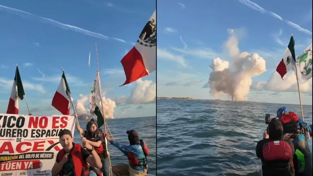 Environmental protesters gather at Playa Bagdad, Matamoros, Tamaulipas, during SpaceX's Starship Flight 14 launch on September 28, 2026