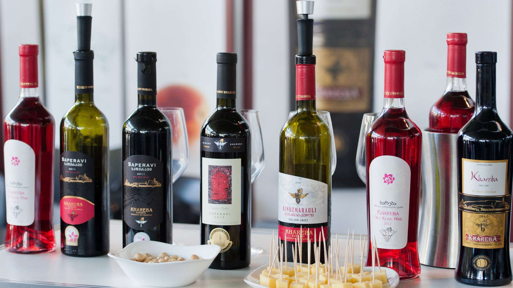 Georgian wine bottles and grapes
