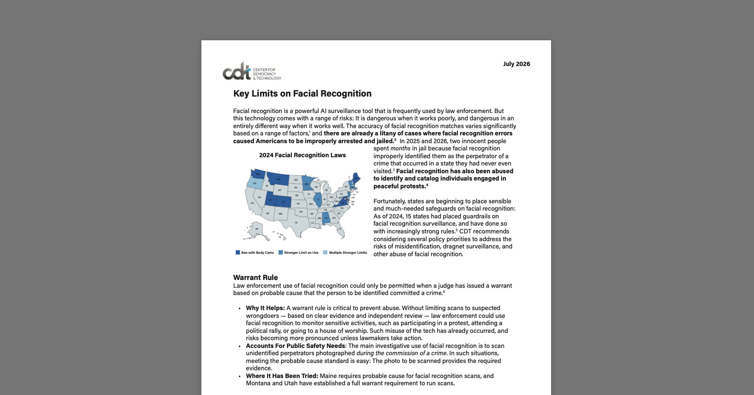 Illustration accompanying the Center for Democracy and Technology brief on facial-recognition limits