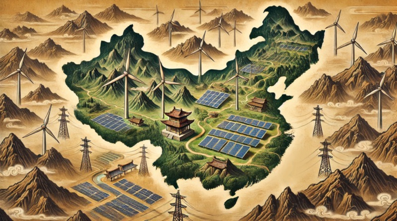 China's renewable energy expansion with solar panels and wind turbines across the landscape