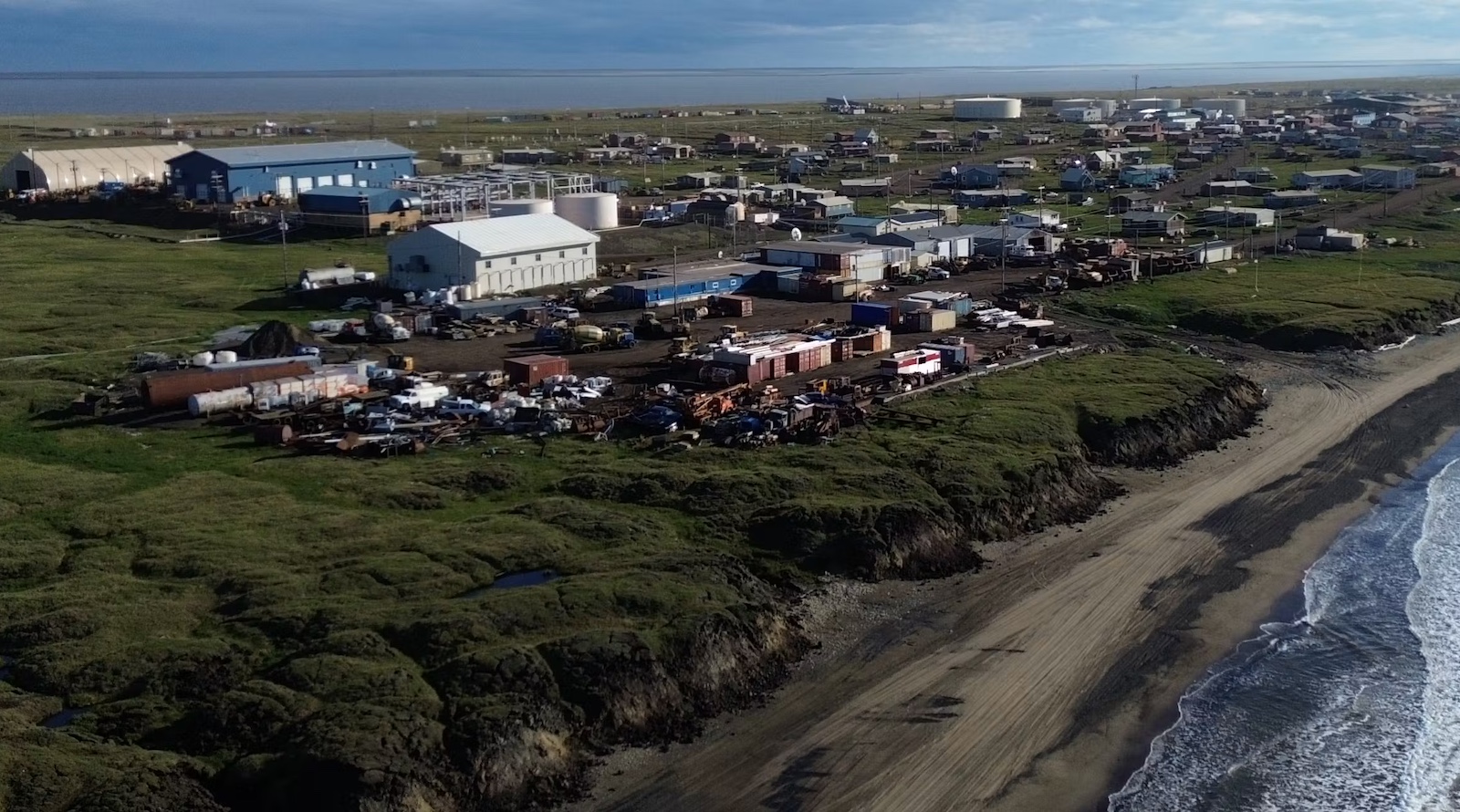 A drone flying over thawing Arctic permafrost landscape