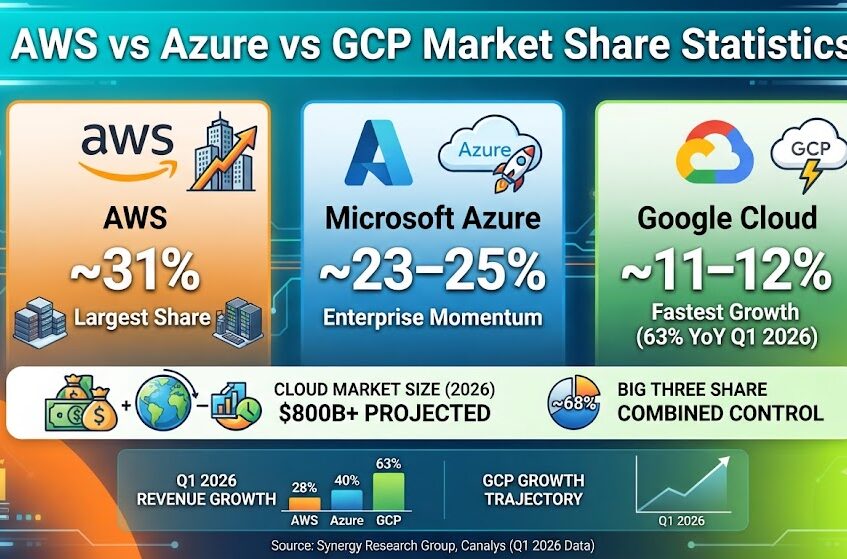 Market share growth comparison for AWS, Azure, and Google Cloud in 2026