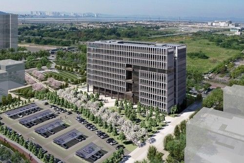 Construction rendering and site overview of the K-Bio Lab Hub project in Songdo, Incheon