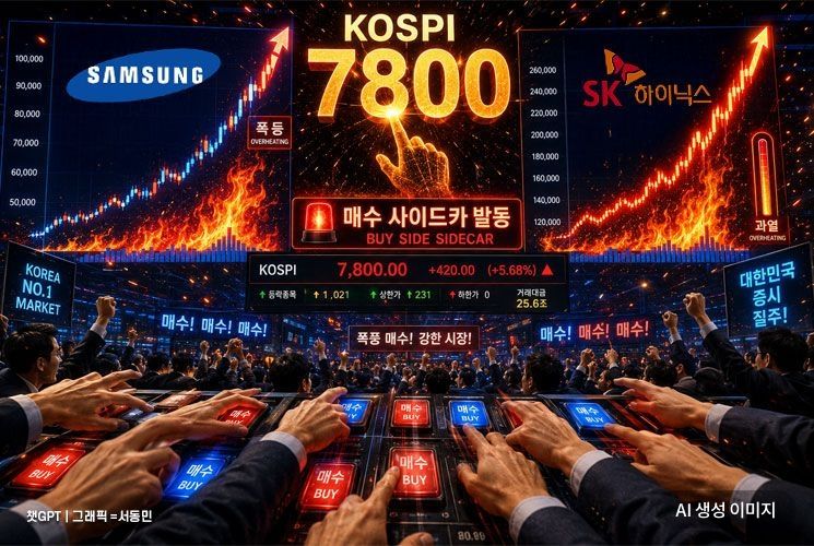 코스피 7,800선 돌파와 삼성전자 급등 보도 화면
