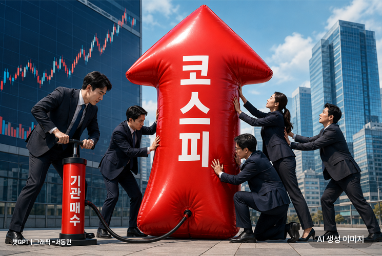 코스피 7,700선 유지 및 기관 매수 주도 랠리 장면