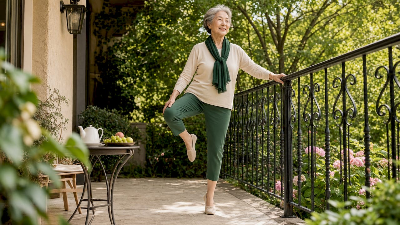 Elderly woman doing balance exercise at home